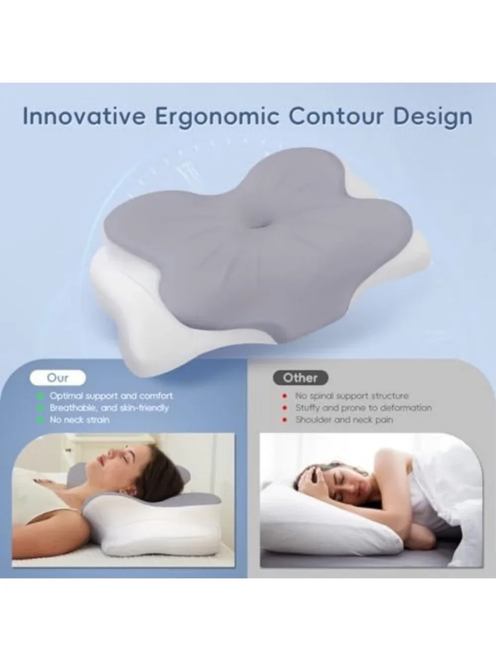 Memory Foam Cervical Neck Pillow with Dual Height Support - Grey Comfort